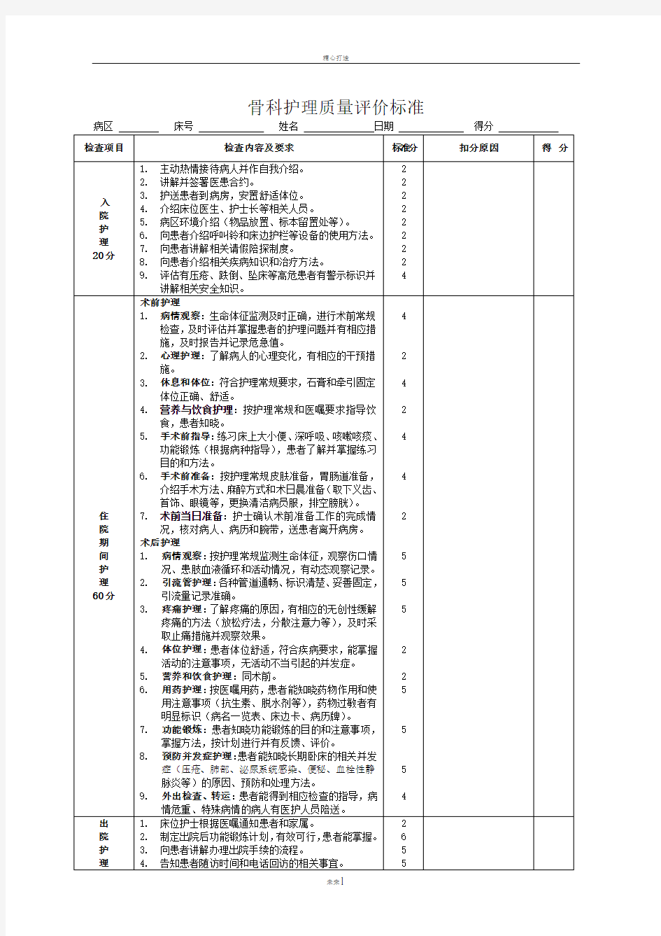 骨科专科护理质量评价标准