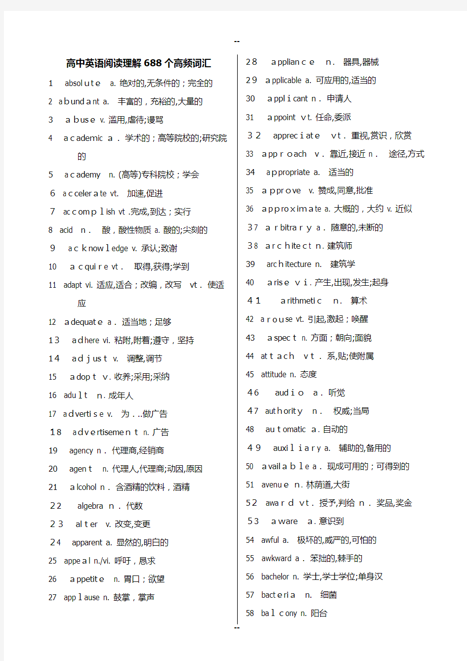 高中英语阅读理解688个高频词汇(已排序)