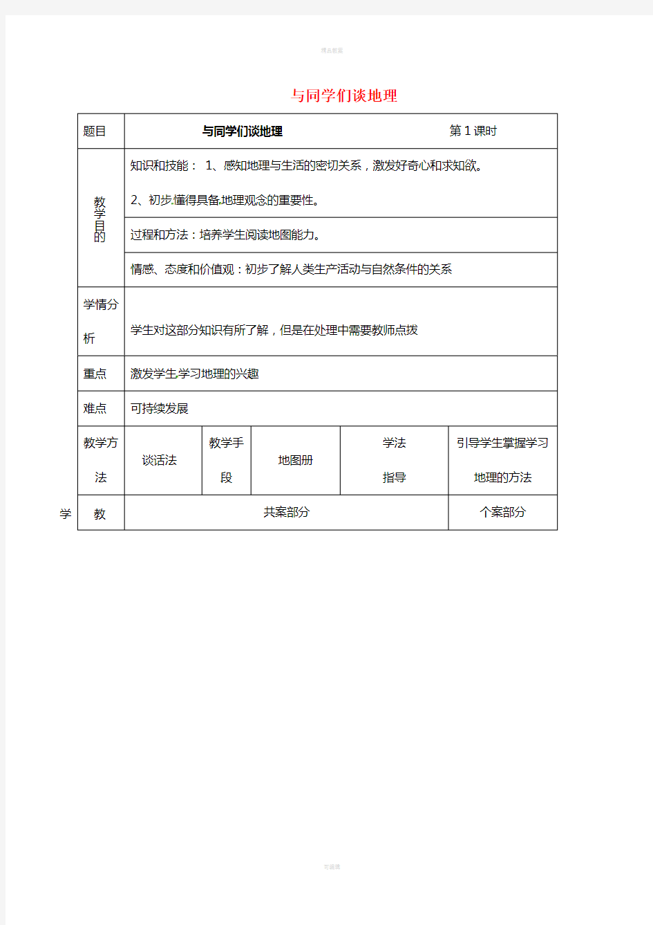 七年级地理上册 绪言 与同学们谈地理教案 (新版)新人教版