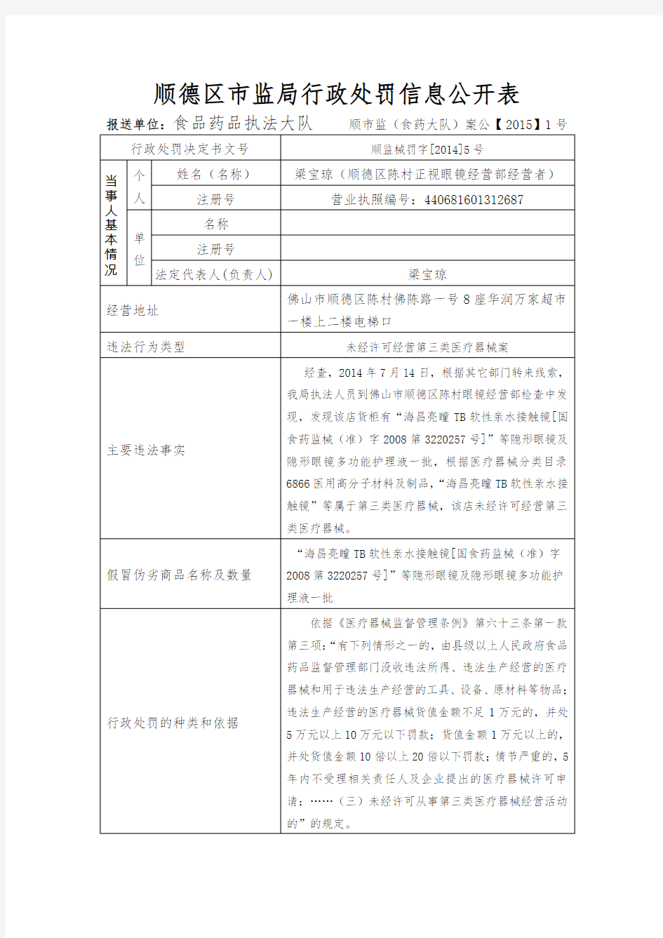 顺德区监局行政处罚信息公开表