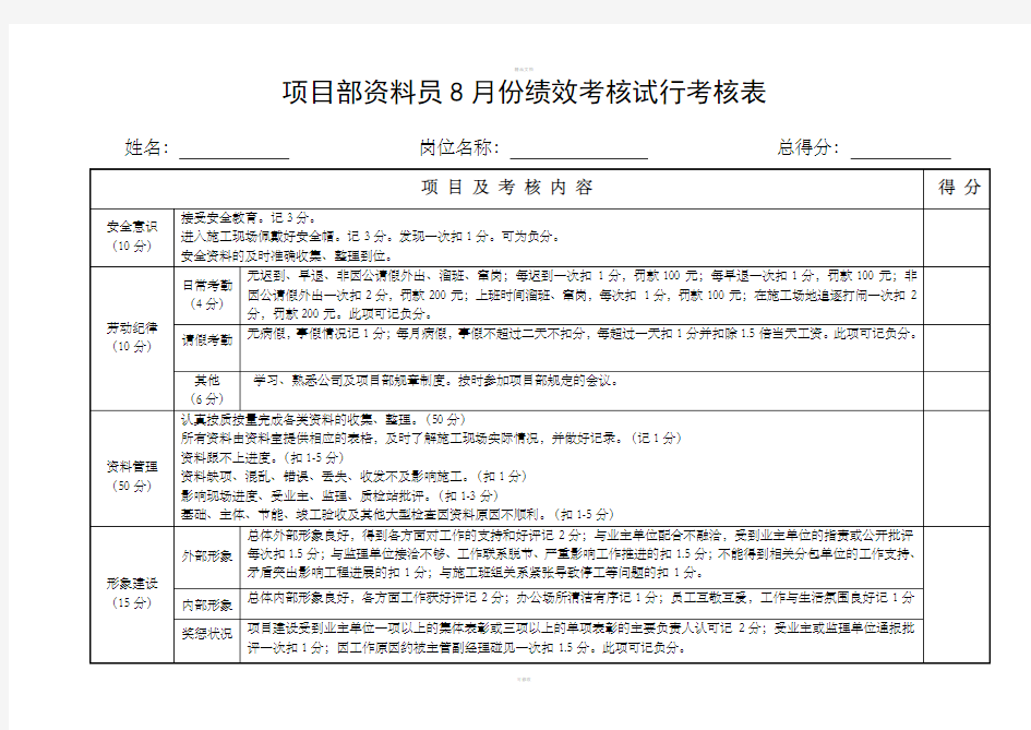 资料员绩效考核表