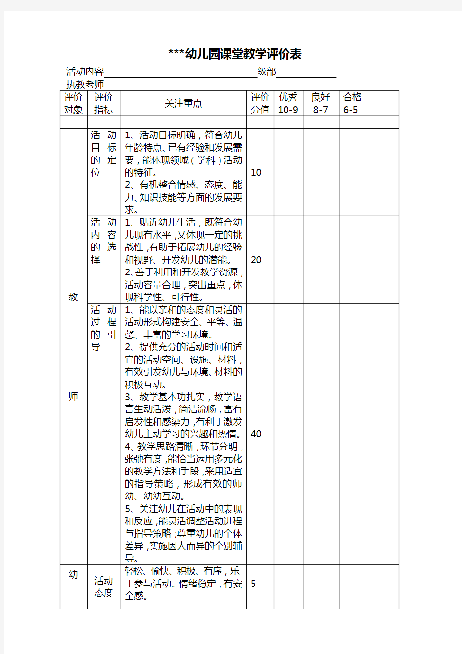 幼儿园骨干教师评选表