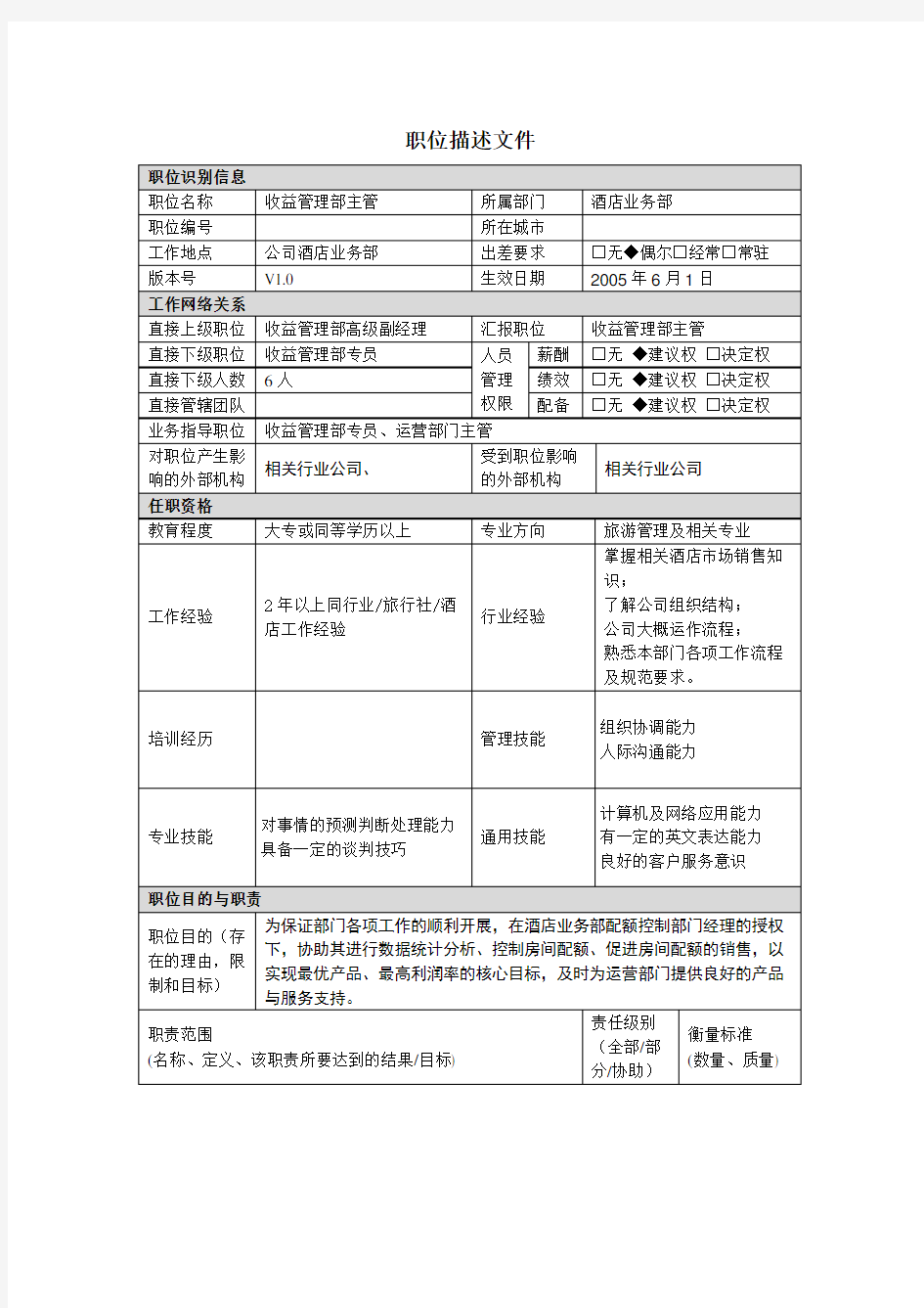 酒店收益管理部主管职位描述