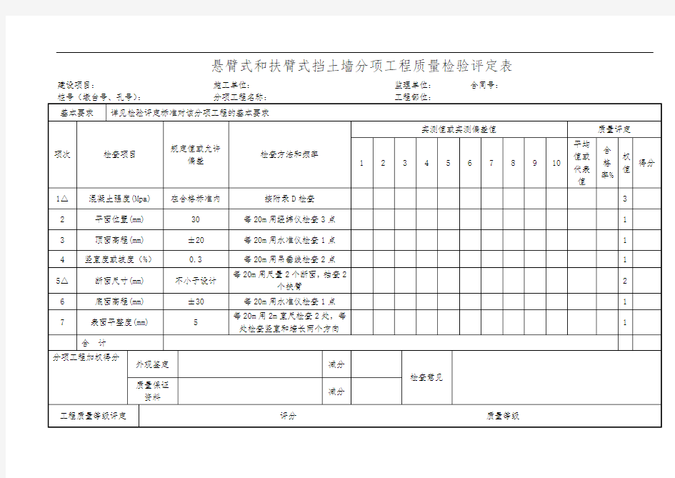 悬臂式和扶臂式挡土墙分项工程质量检验评定表