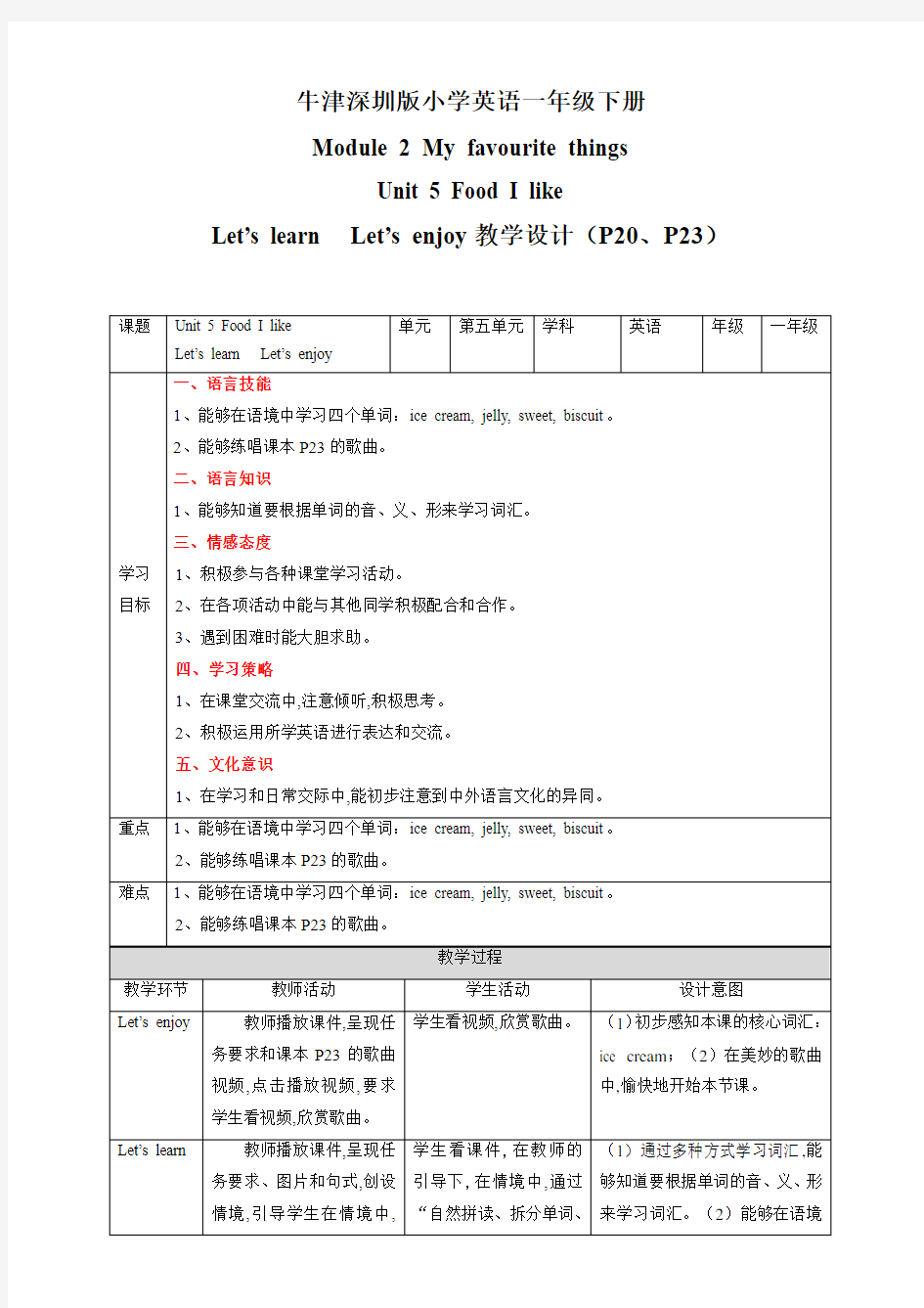 一年级下册英语 - Module 2  Unit 5  教案  沪教牛津版