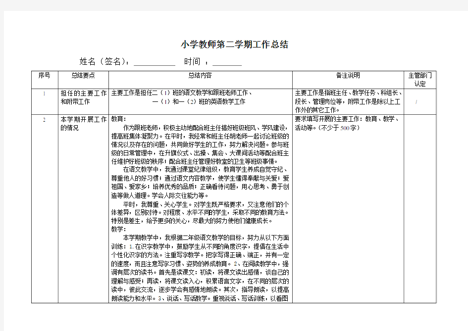 教师工作总结表格