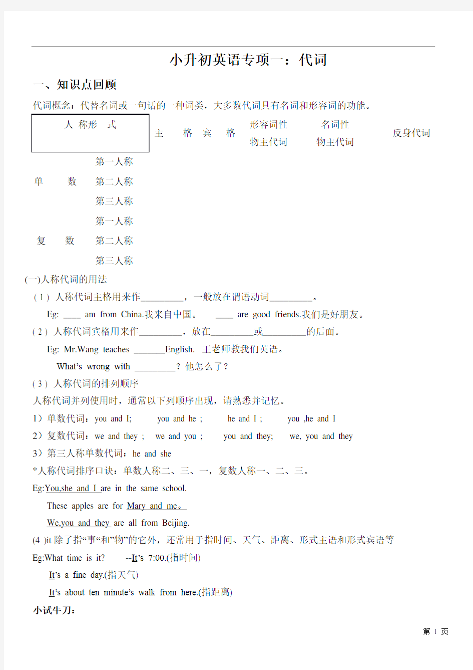 (完整版)小升初英语专项四：代词