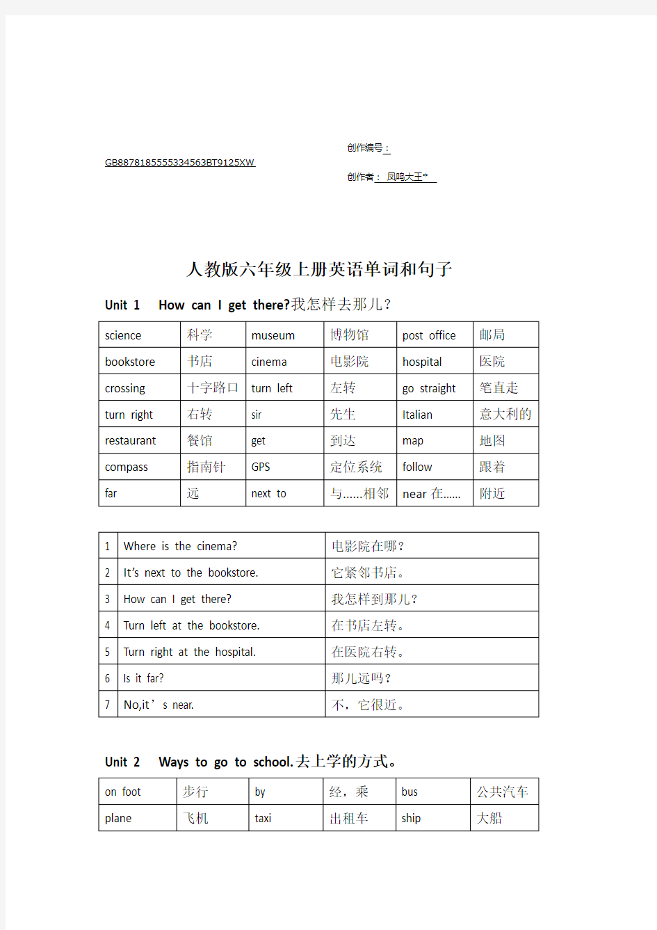 人教版六年级上册英语单词和句子整理