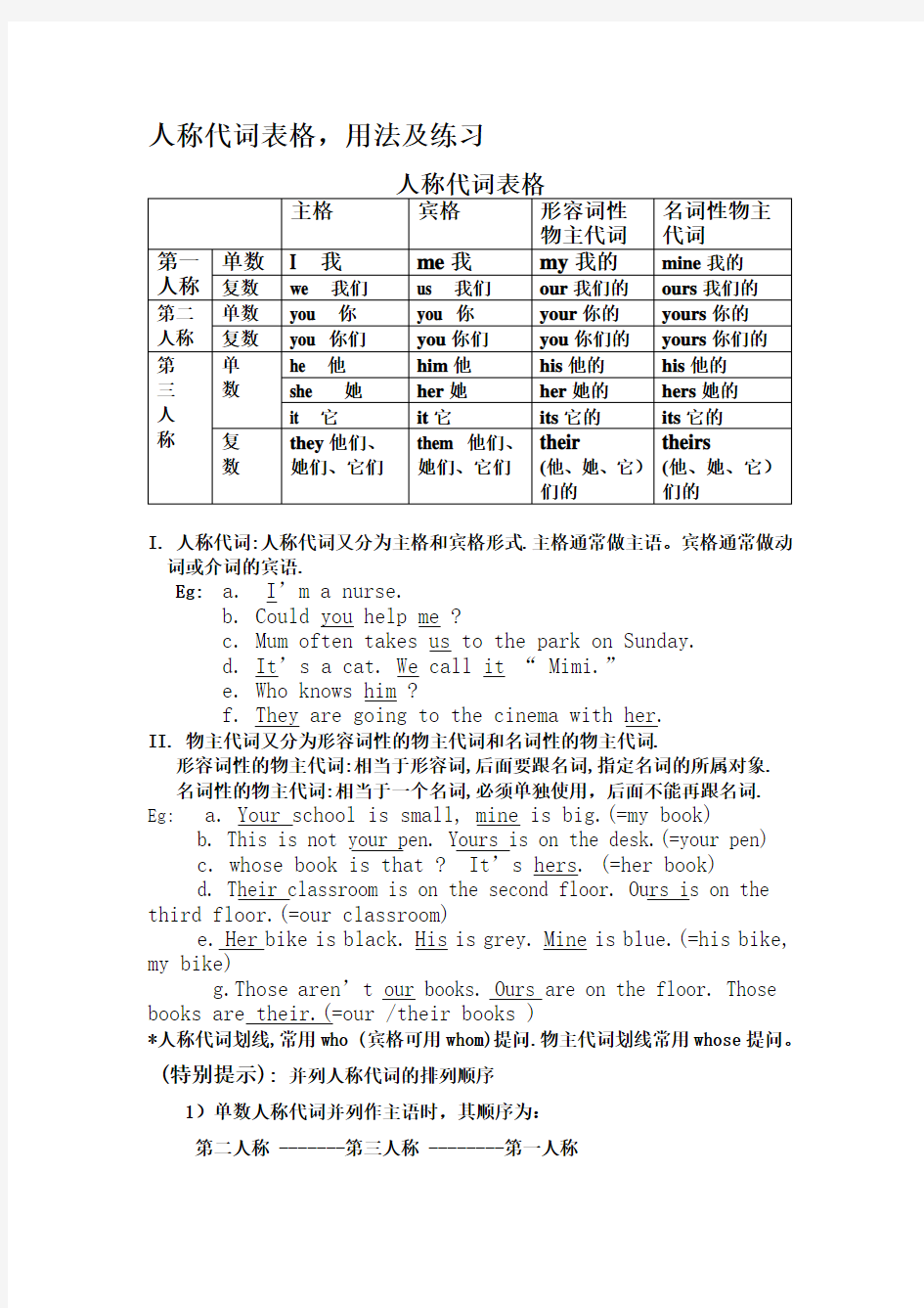 树人学校人称代词表格,用法练习(新整理)