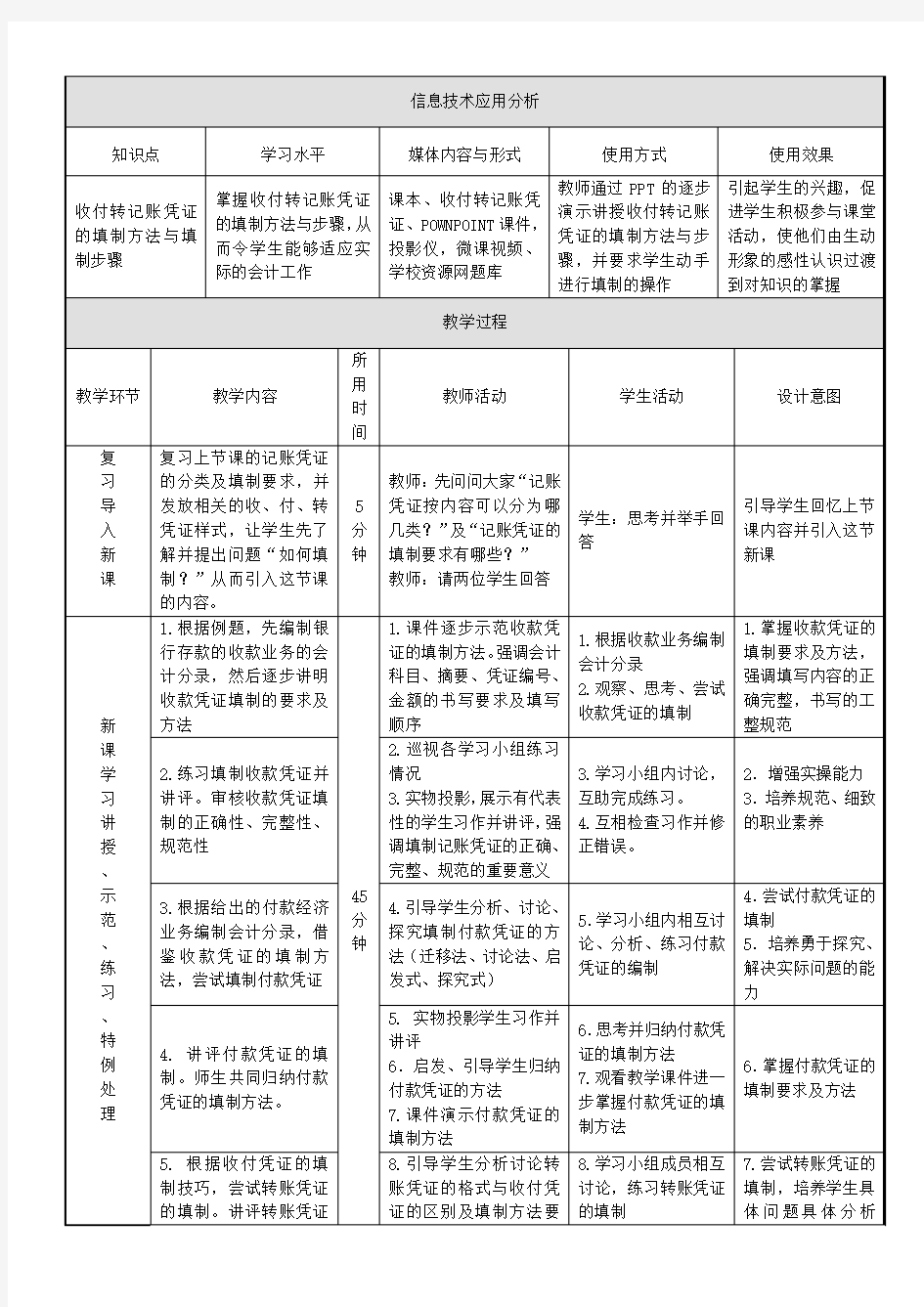 教学设计：收付转凭证的填制方法