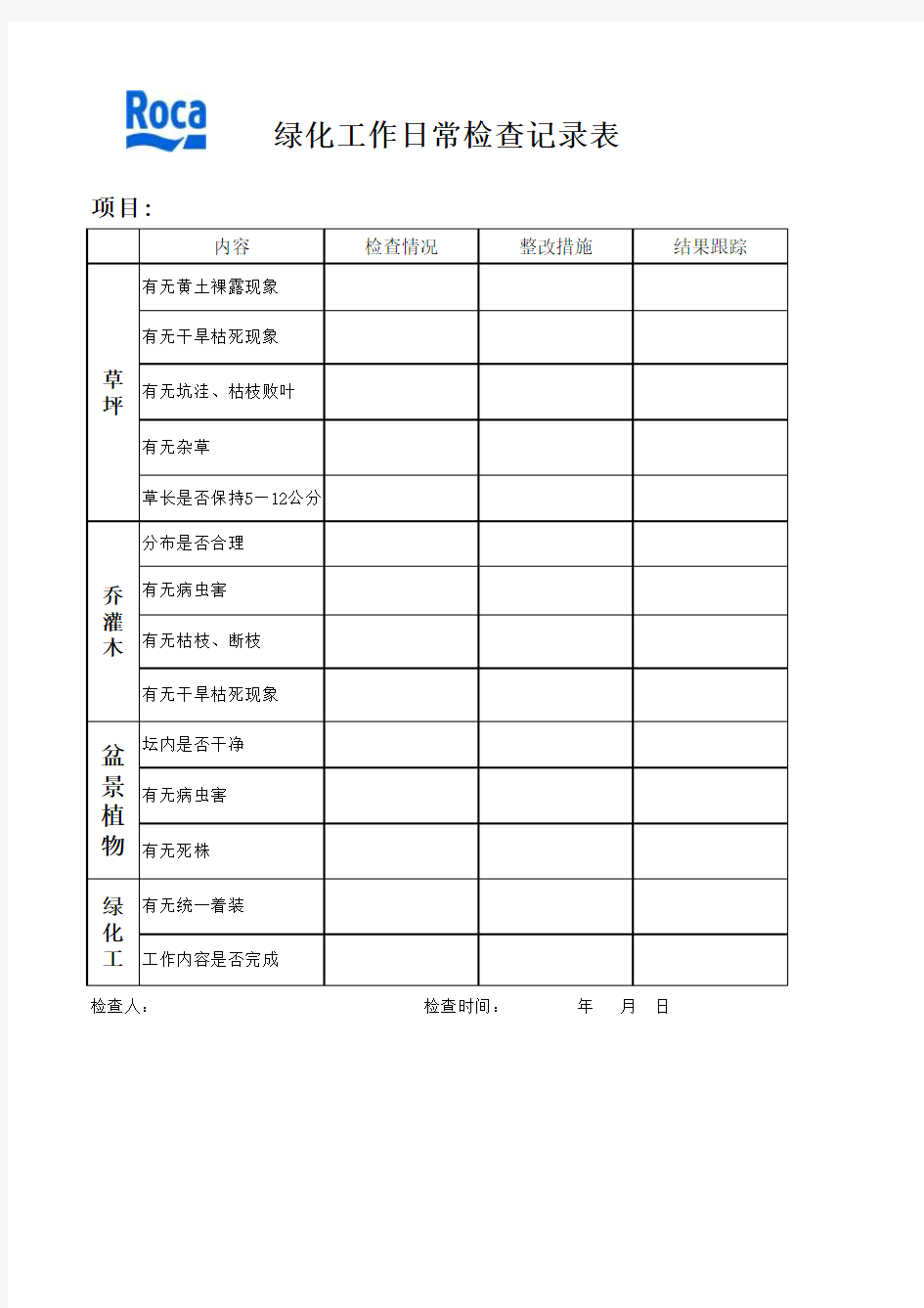 绿化工作日常检查记录表