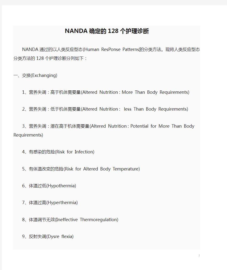 NANDA确定的128个护理诊断