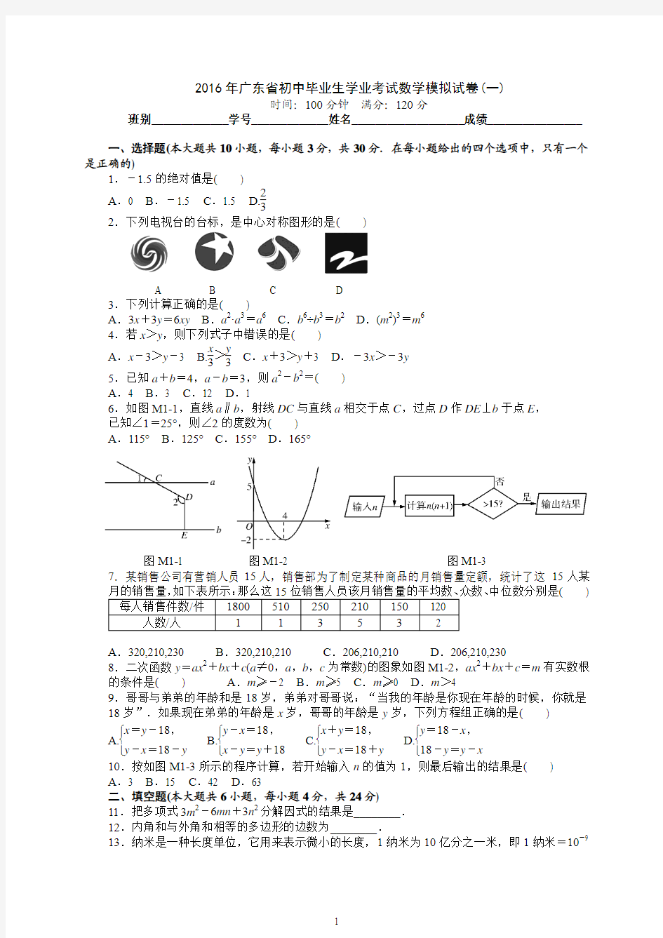 2016年广东省初中毕业生学业考试数学模拟试卷(一)