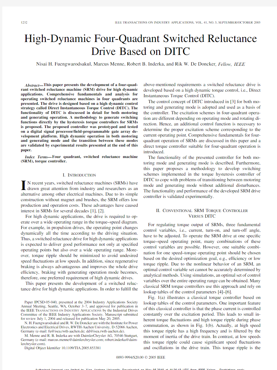 High Dynamic Four Quadrant Switched Reluctance Drive Based on DITC