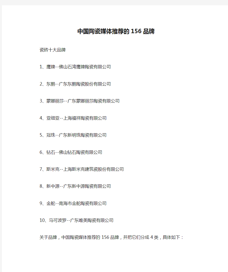 中国陶瓷媒体推荐的156品牌