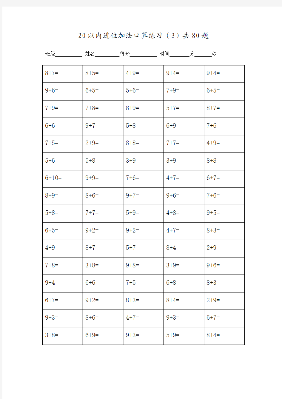 2016-2017年新审定人教版小学一年级数学上册20以内进位加法口算专项练习(1)