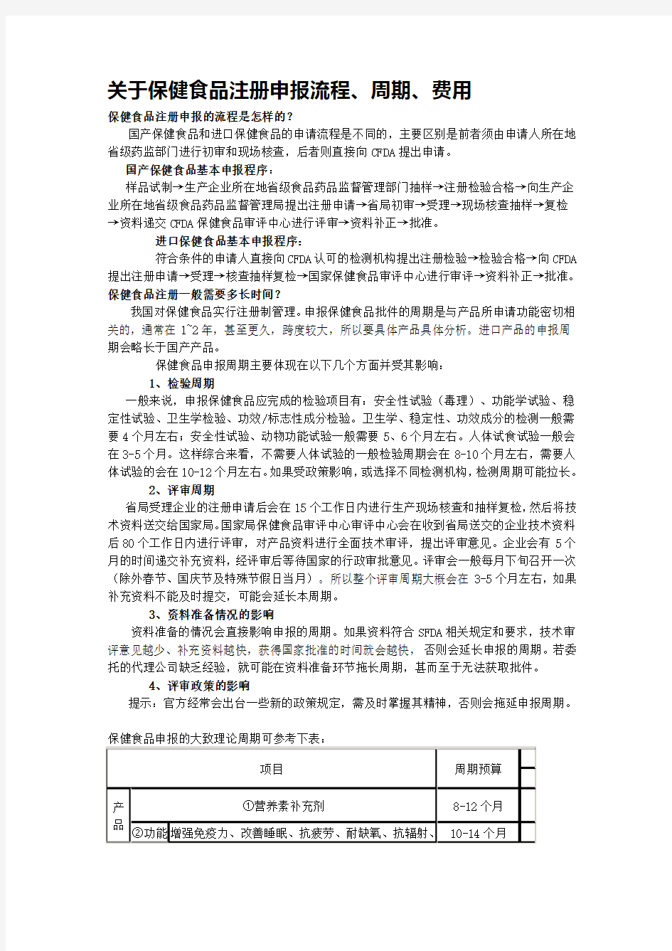 关于保健食品注册申报流程、周期、费用