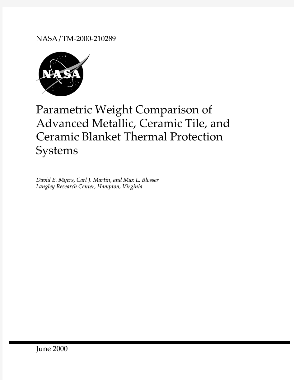 Parametric Weight Comparison of Advanced Metallic, Ceramic Tile, and Ceramic Blanket Therma