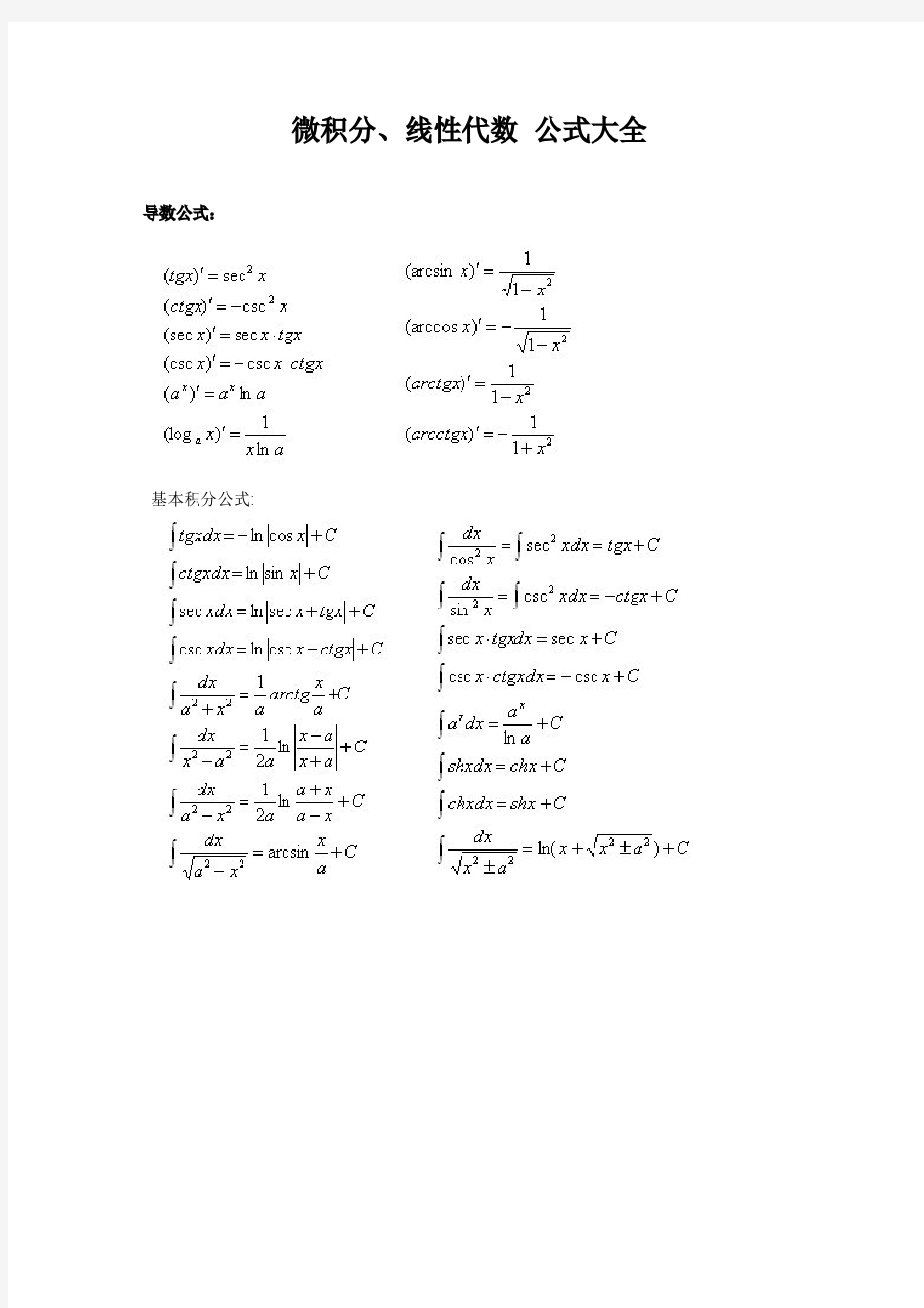 微积分、线性代数 公式大全