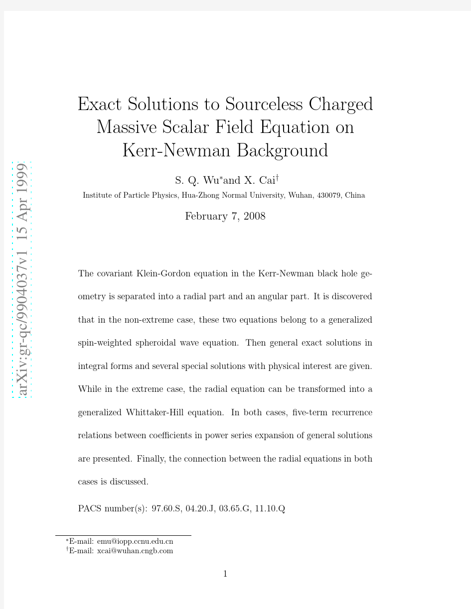 Exact Solutions to Sourceless Charged Massive Scalar Field Equation on Kerr-Newman Backgrou