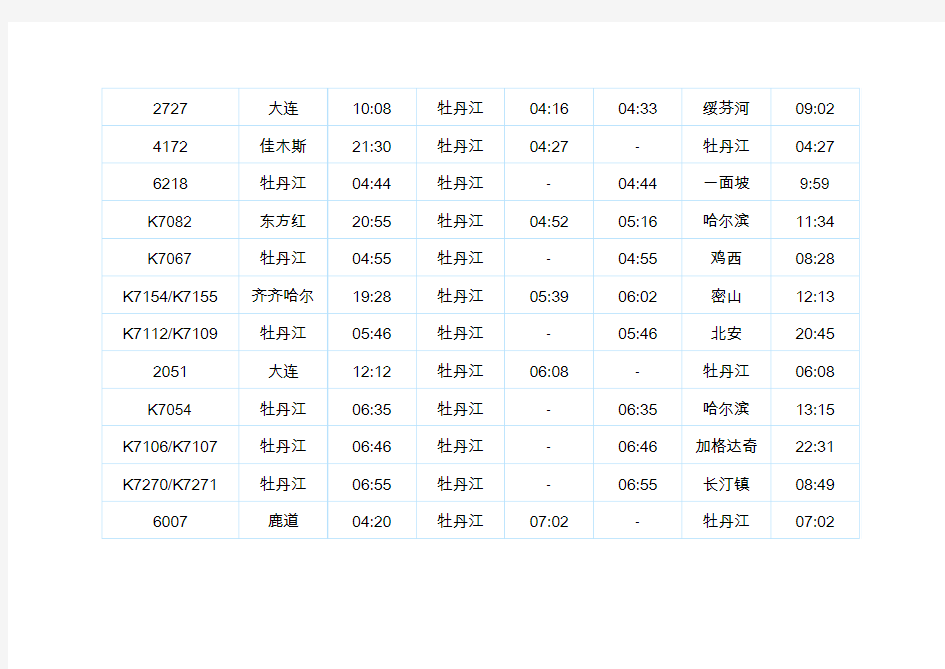 牡丹江2013年火车站列车时刻表