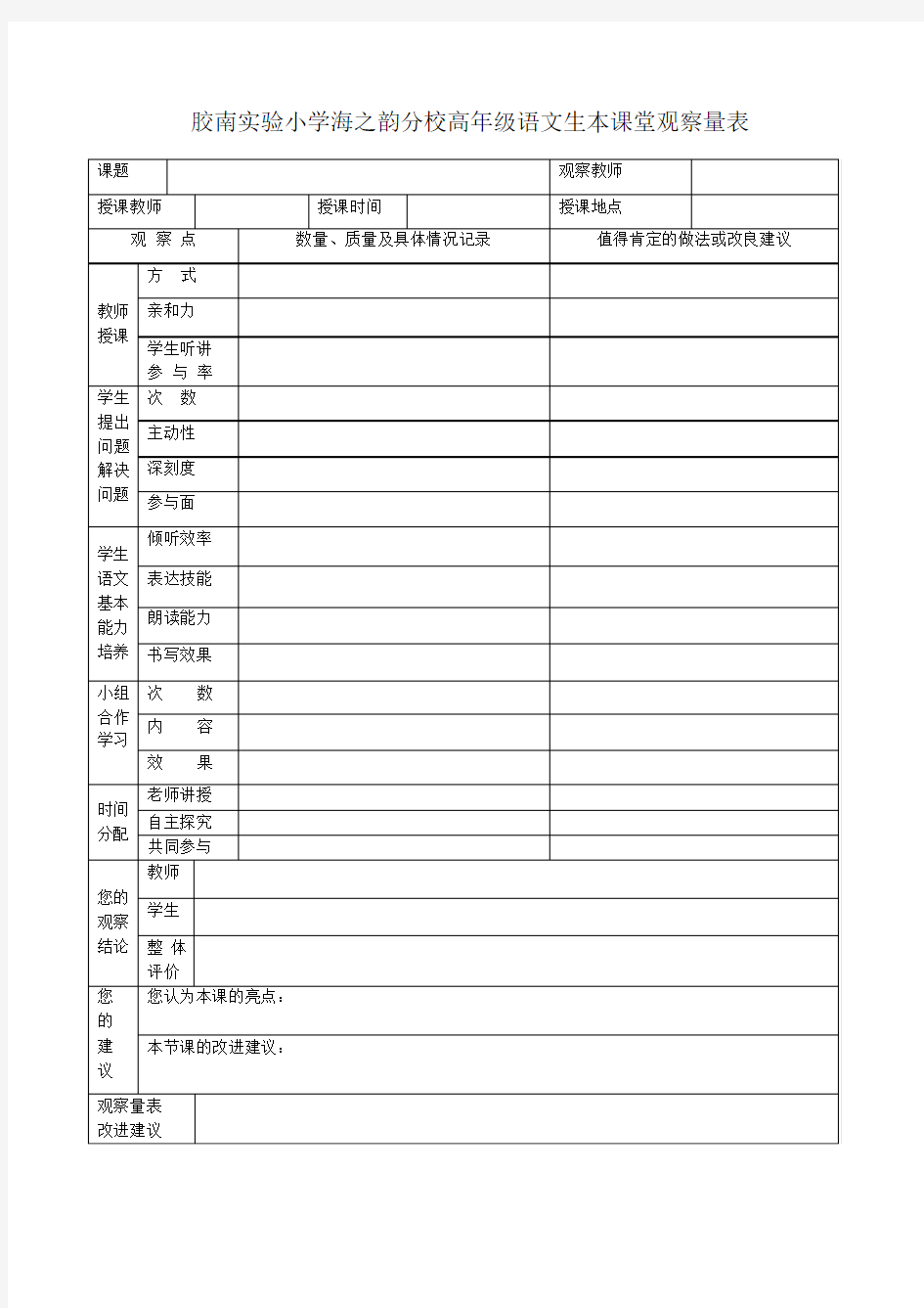 小学语文课堂观察量表