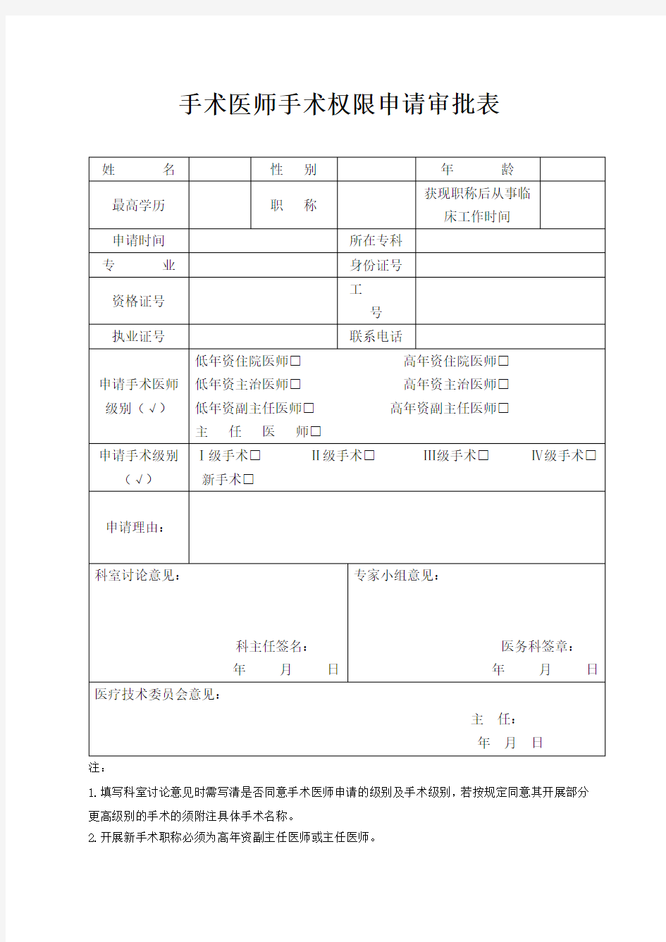 手术权限申请审批表及手术资质授权书