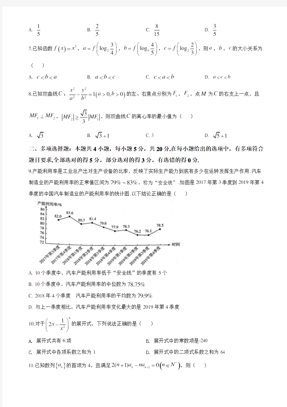 【名校试题】2020届海南省天一大联考高三年级第四次模拟数学试题(原卷版)