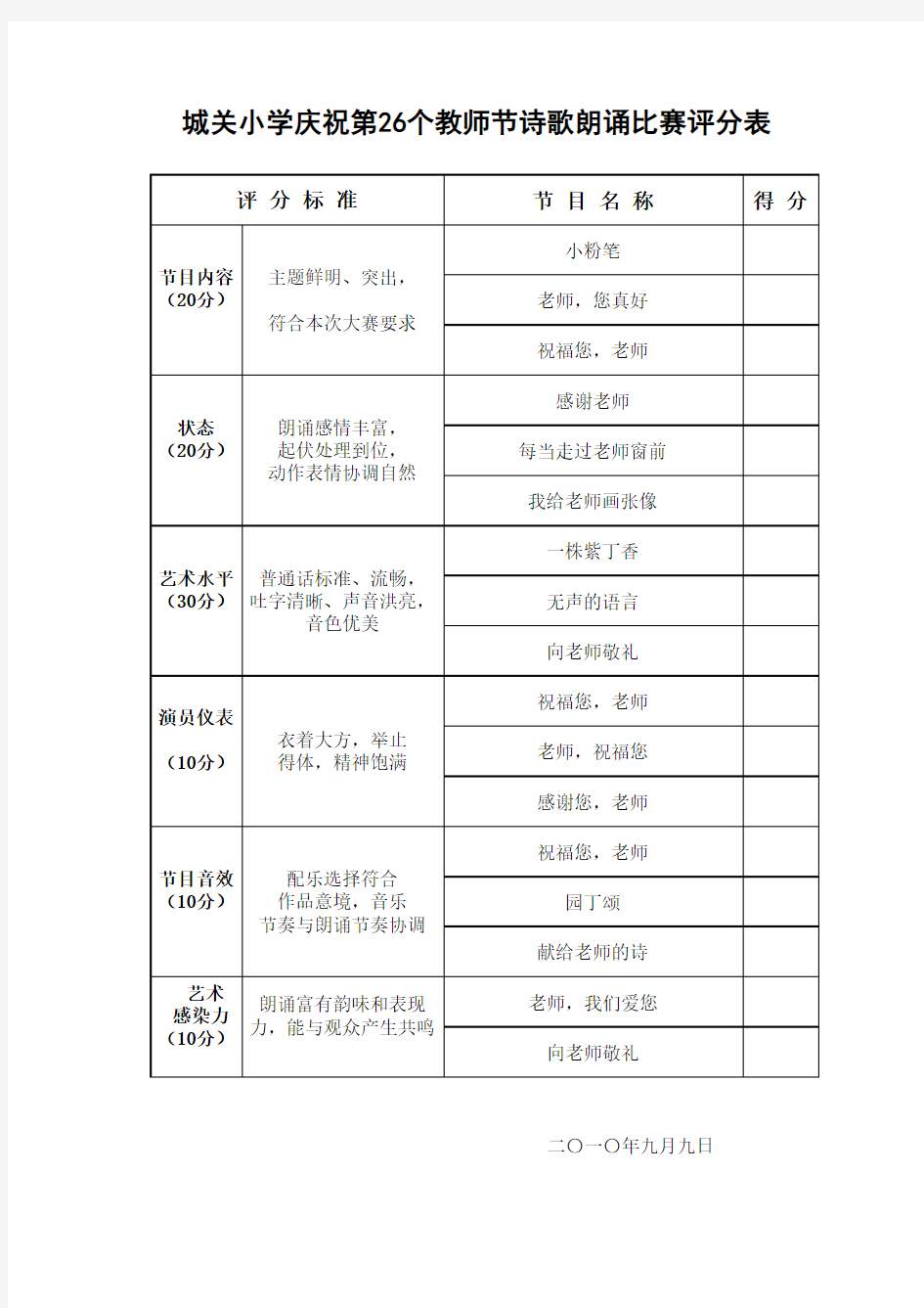 诗歌朗诵评分表及节目单