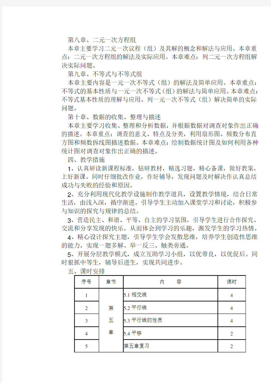 (完整版)七年级下册数学教学计划及进度表