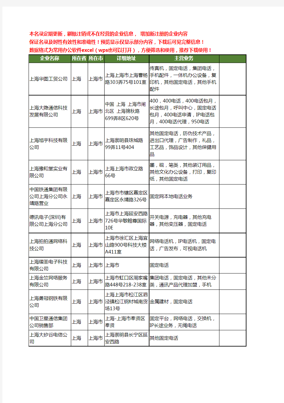 新版上海市固定电话工商企业公司商家名录名单联系方式大全60家