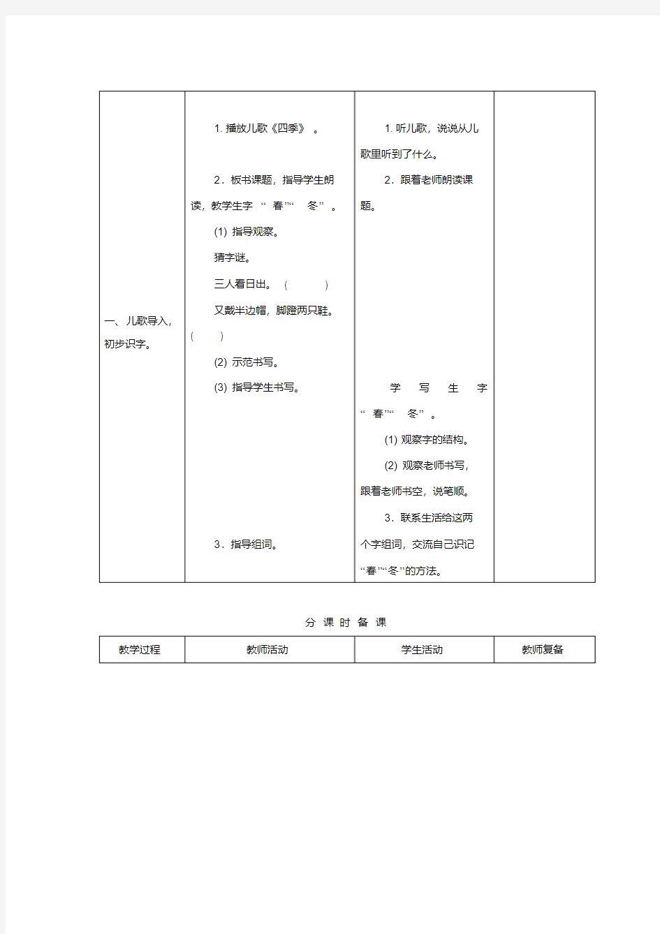 2017年部编版一年级语文下册第一单元表格式超全教案