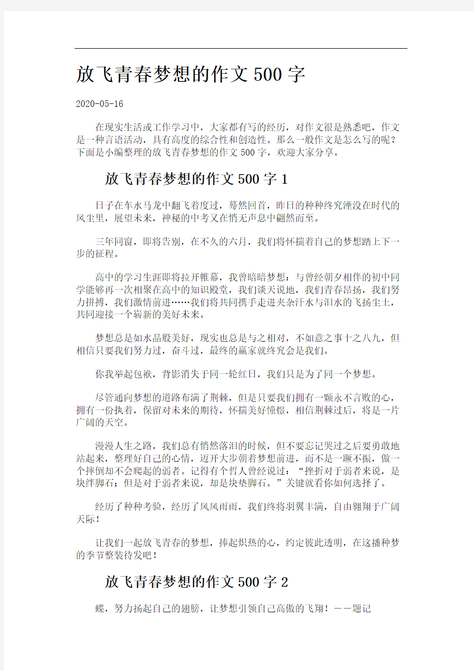 放飞青春梦想的作文500字.