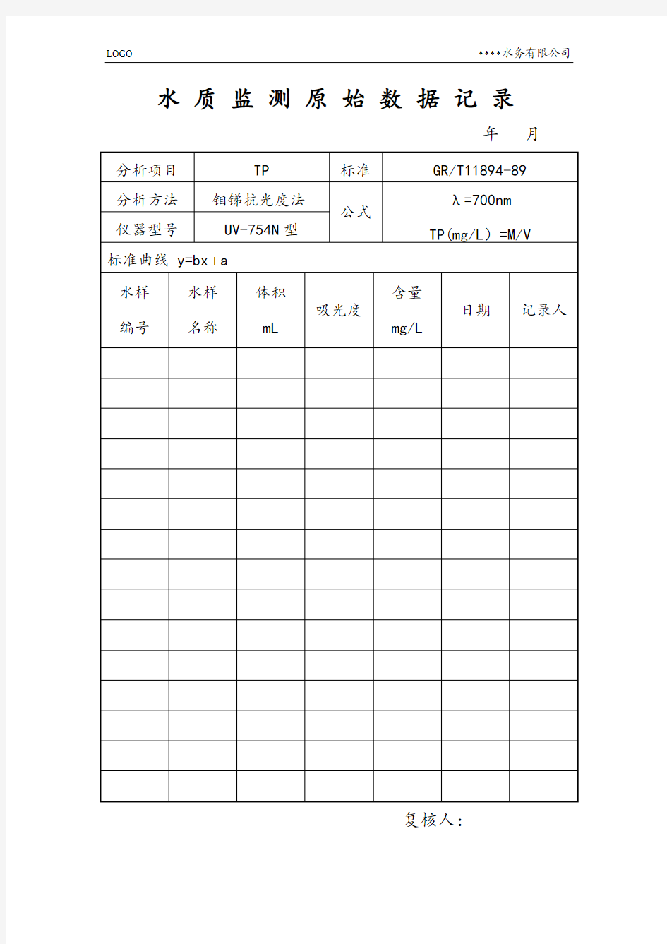 11、TP水质监测原始数据记录表