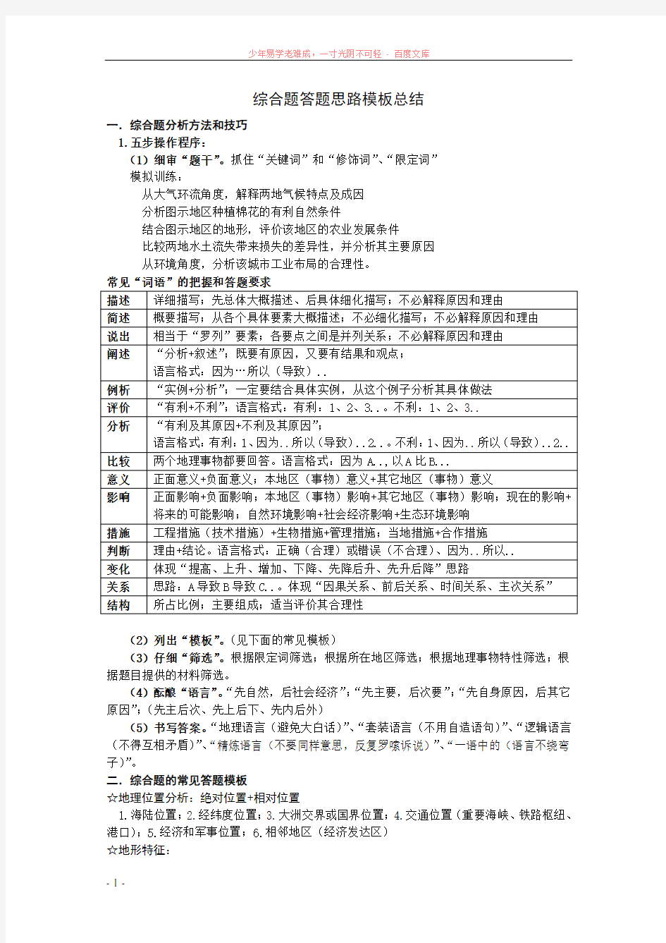 地理综合题答题思路模板总结