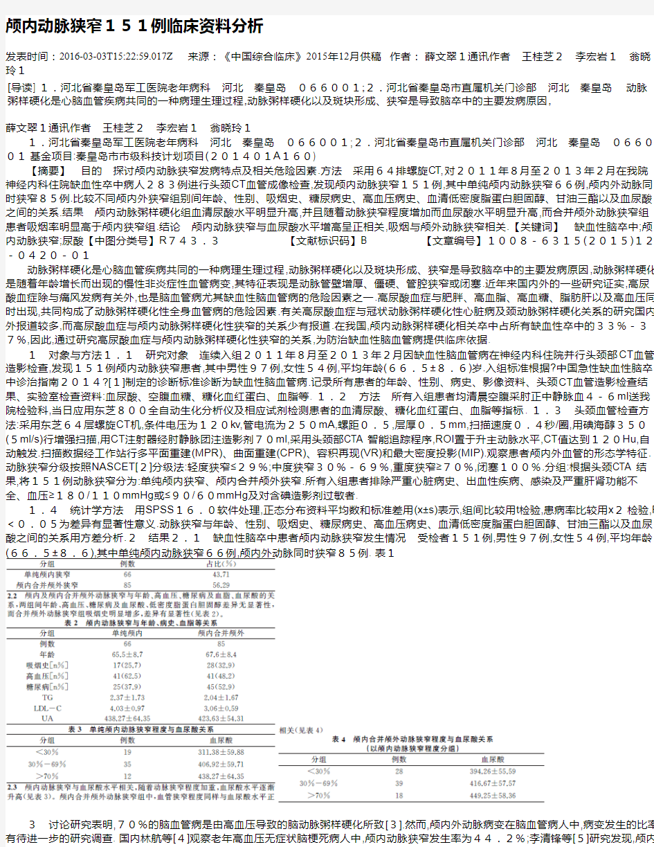 颅内动脉狭窄151例临床资料分析