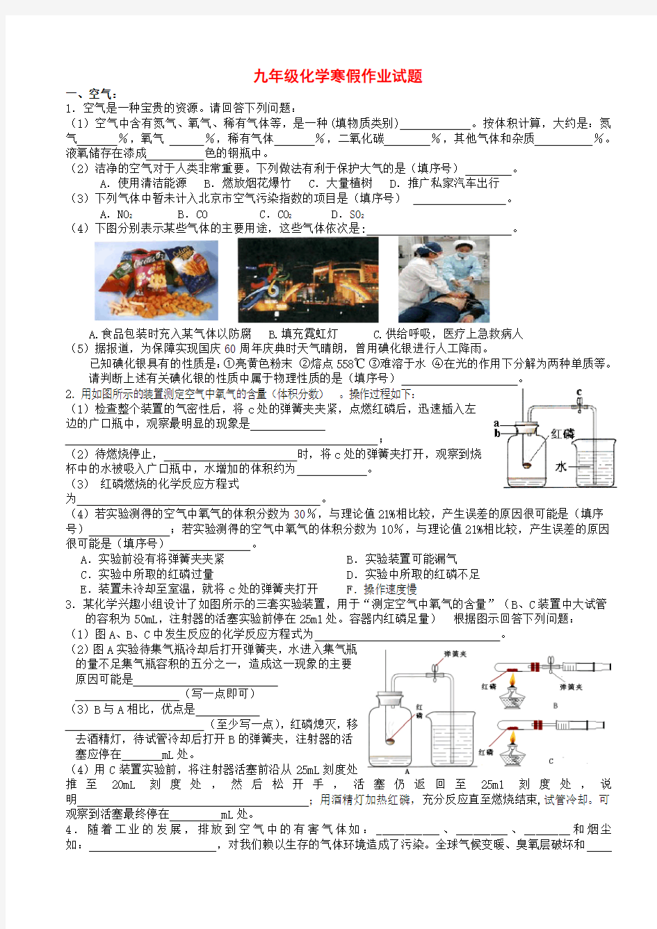 人教版九年级化学寒假作业试题全套