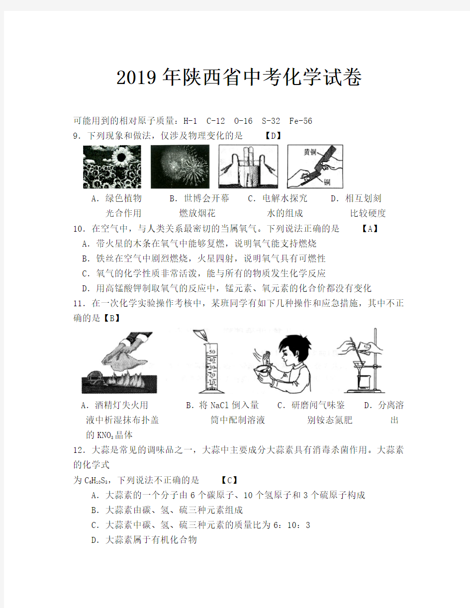 2019陕西省中考化学试卷及答案