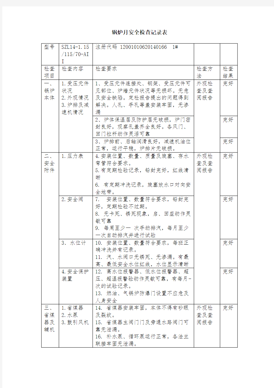 锅炉安全检查记录表