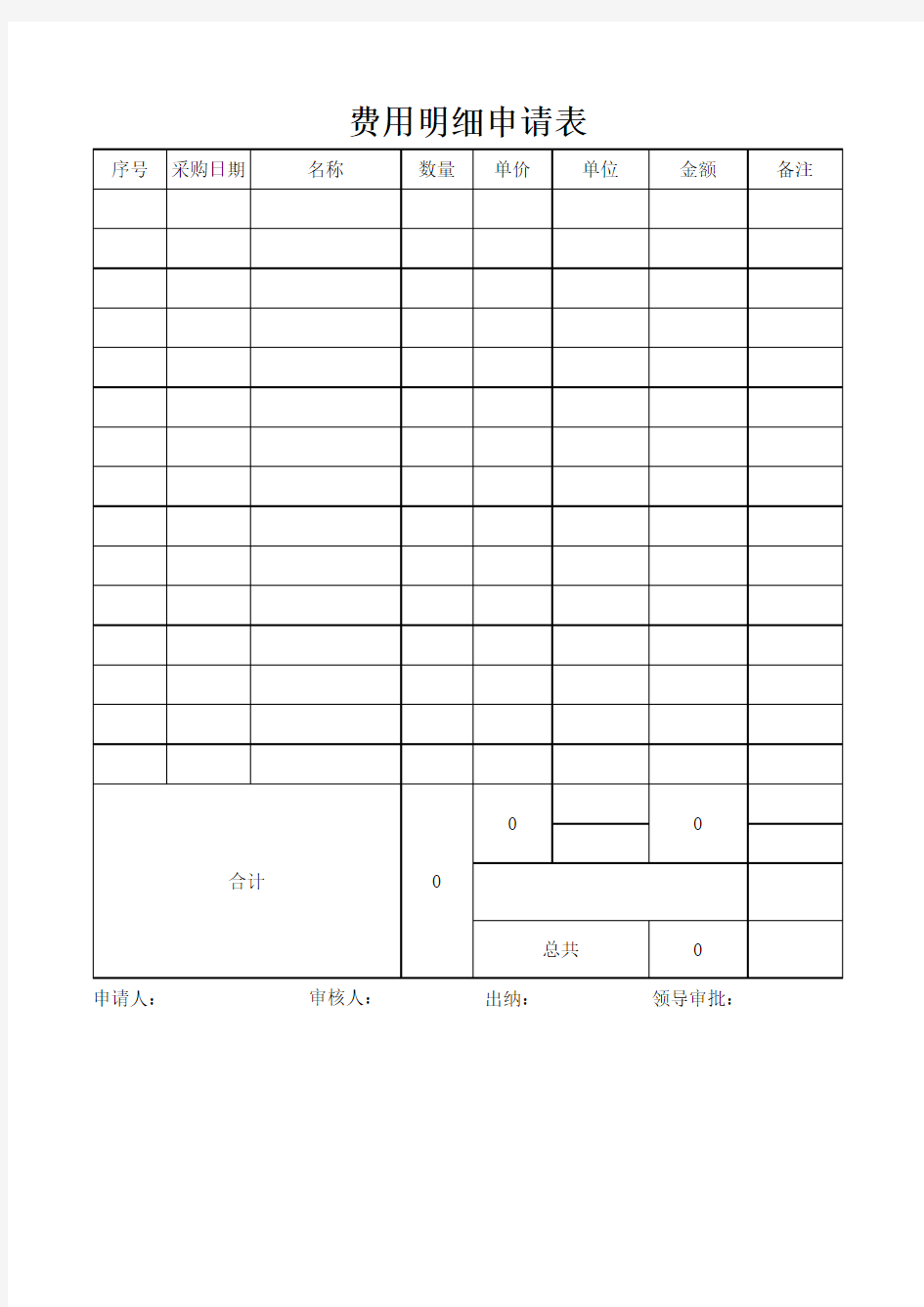 费用清单明细申请表