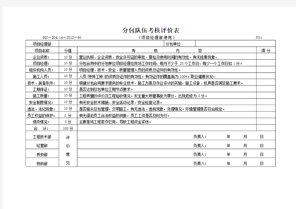 分包队伍考核评价表