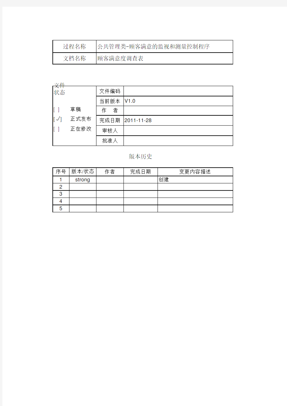 质量体系文件模板-顾客满意度调查表