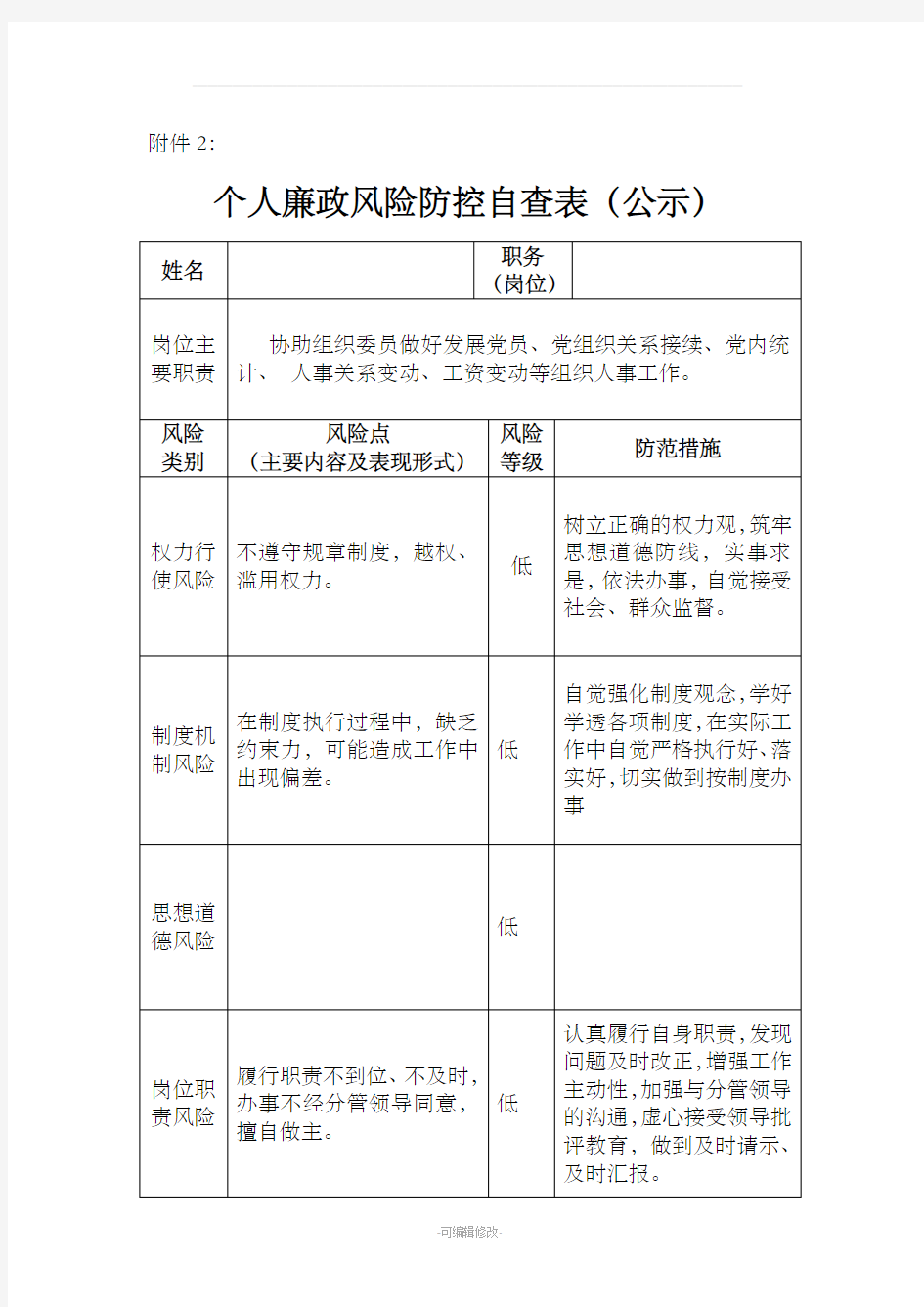 个人廉政风险防控自查表