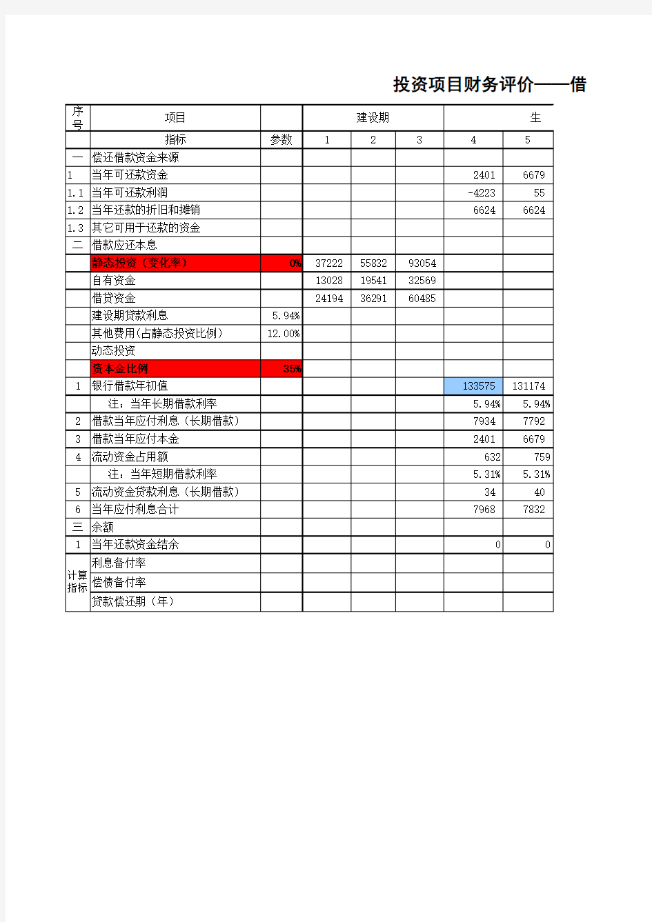 投资项目可研财务评价指标表(自动)