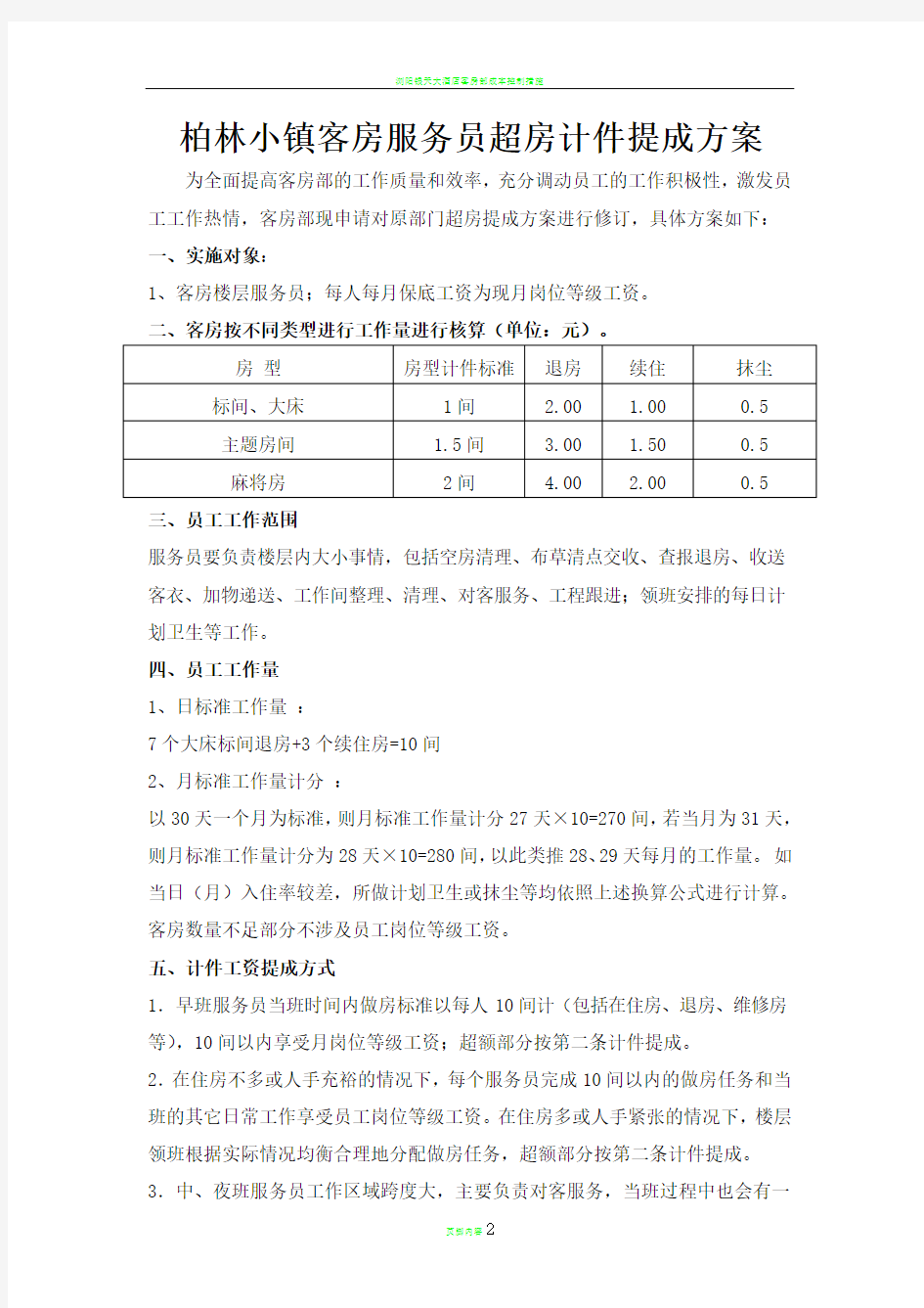 酒店客房部提成方案