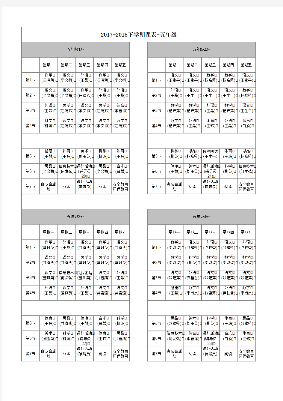 班级总课程表 (2017-2018学年第二学期)