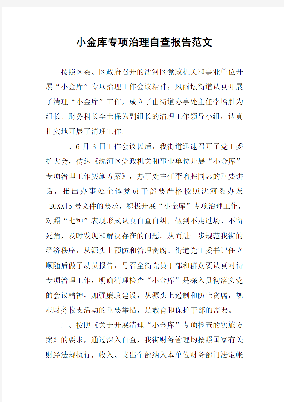 小金库专项治理自查报告范文