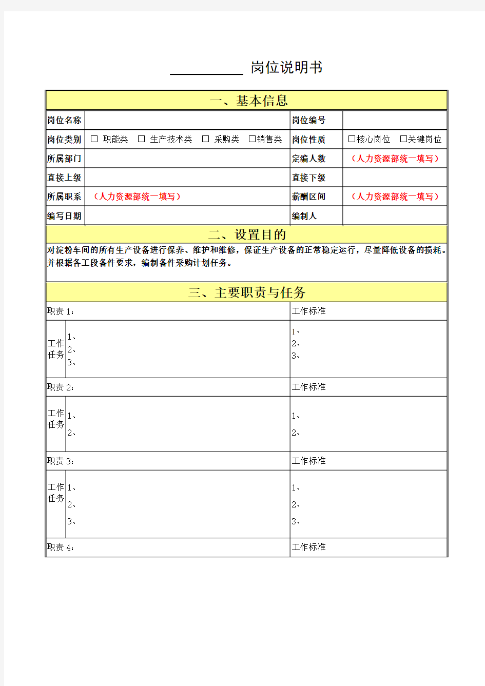 企业员工岗位职责说明书模板