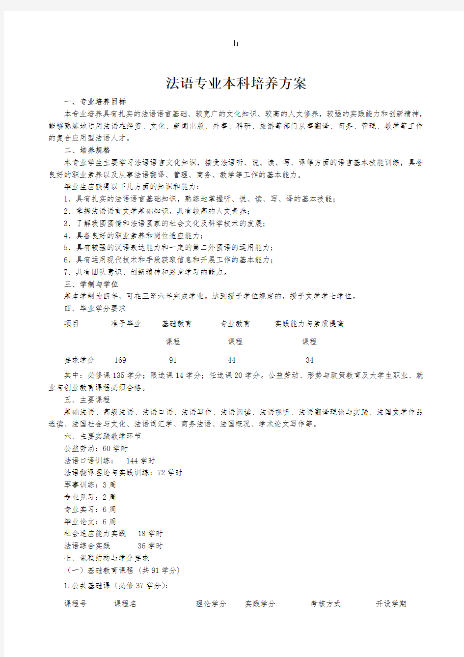 法语专业本科培养方案(新版)