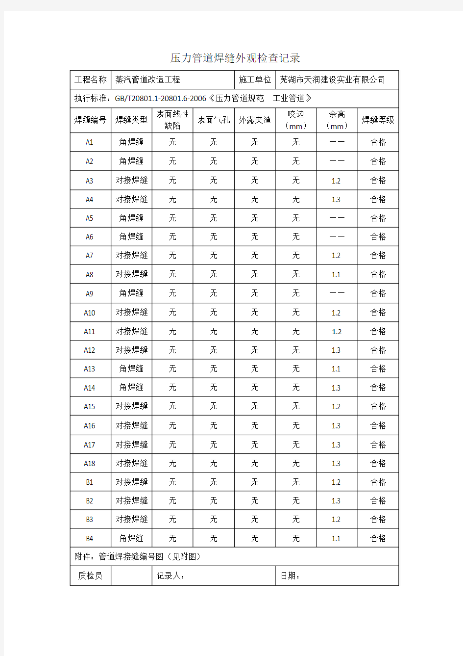 压力管道焊缝外观检查记录